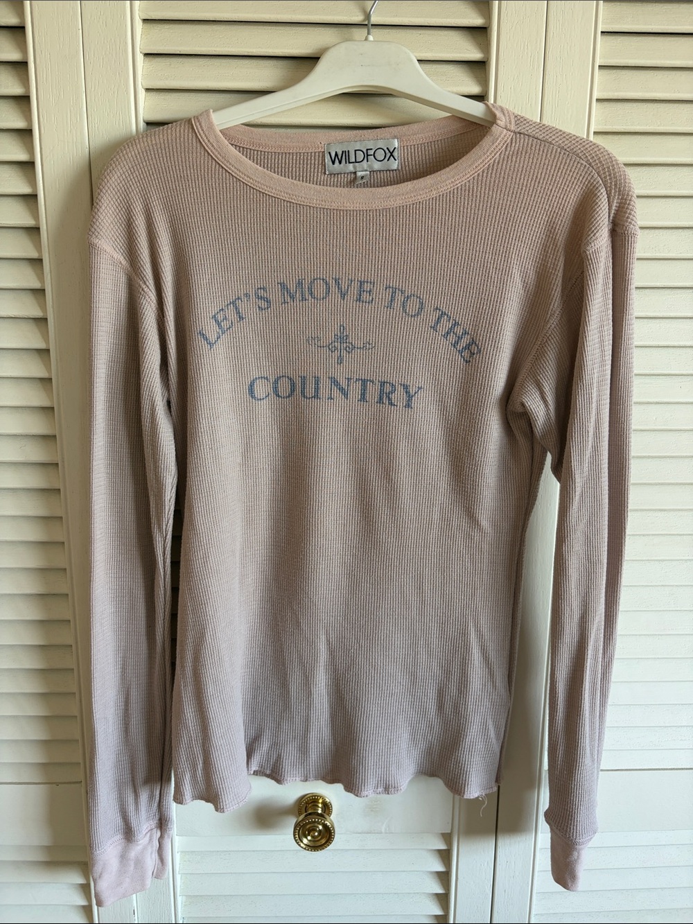 Wildfox Pale Pink Long Sleeve Thermal Top with Blue Script